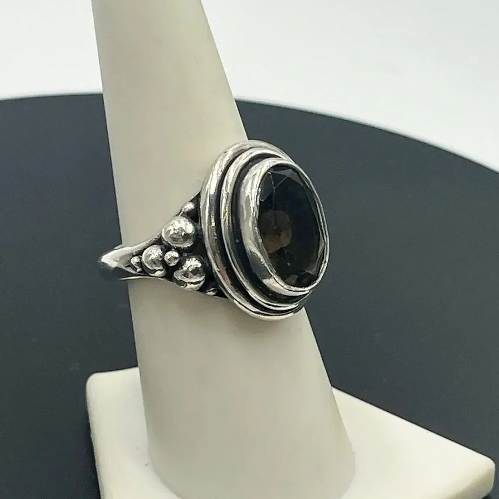 Sterling Silver Artisan Oval Shaped Bezel Set‎ Smoky Quartz Stone Ring Sz 7.75
